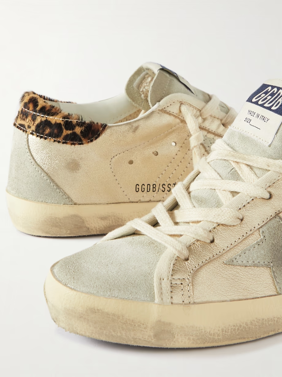 Super-Star calf hair and suede-trimmed distressed leather sneakers