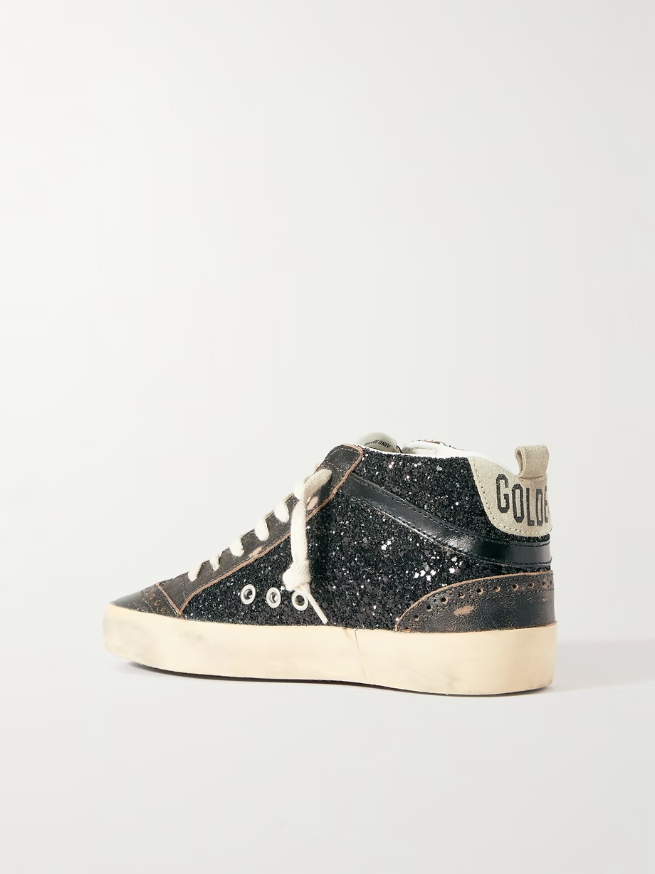 Mid Star suede and leather-trimmed distressed glittered faux leather sneakers