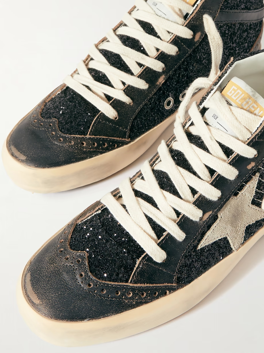 Mid Star suede and leather-trimmed distressed glittered faux leather sneakers