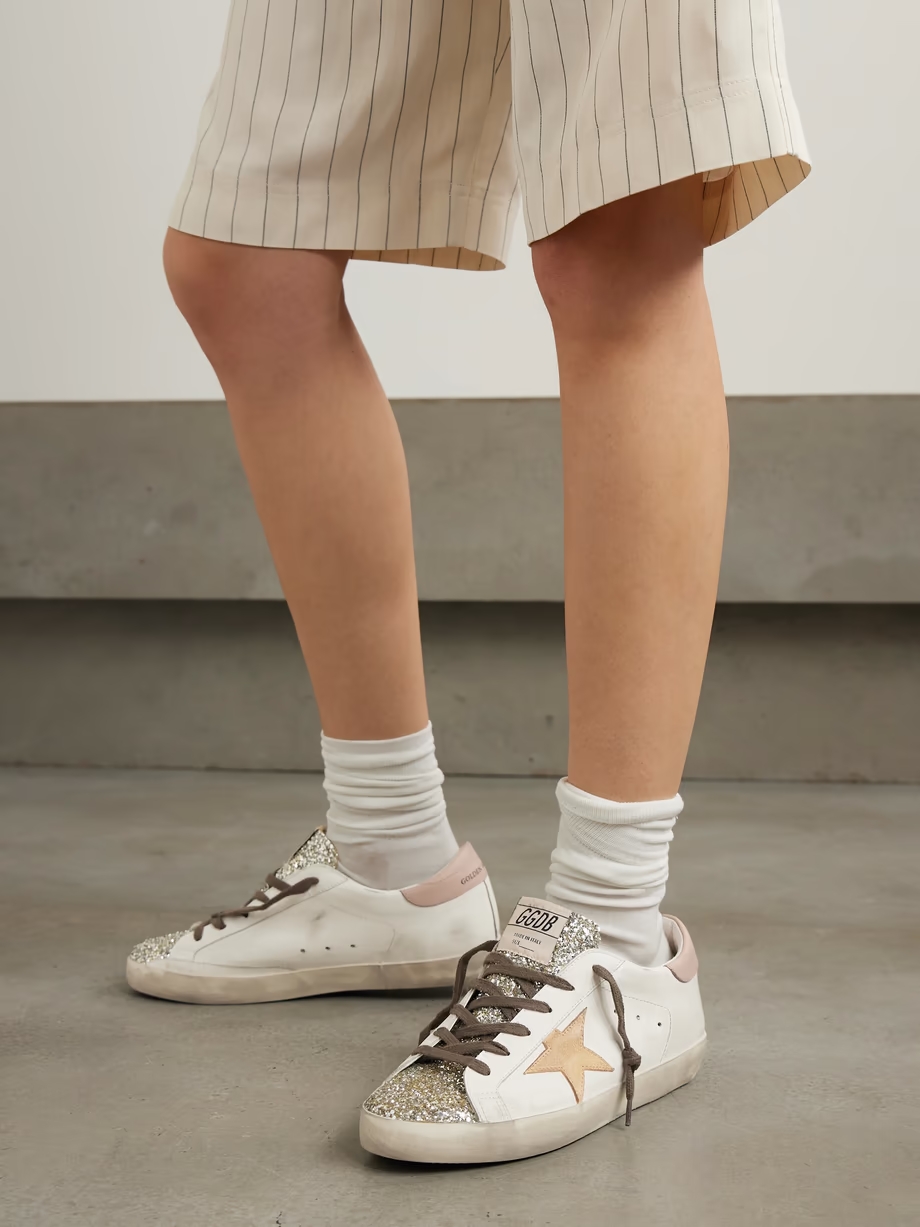 Super-Star distressed suede-trimmed glittered leather sneakers