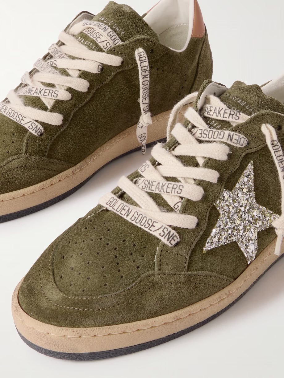 Ball Star glittered leather-trimmed suede sneakers