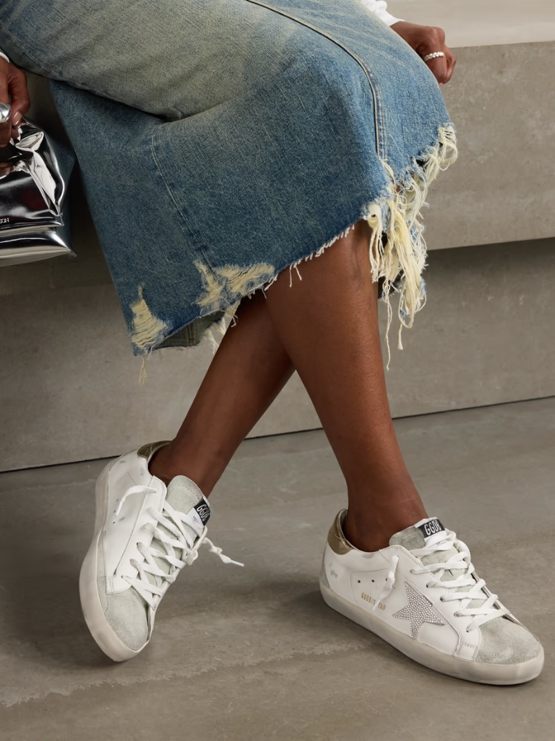 Super-Star embellished distressed suede and leather sneakers