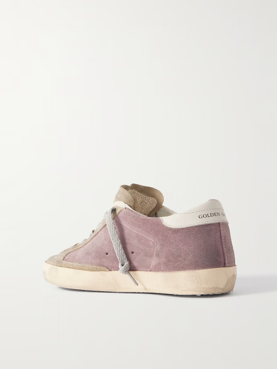 Super-Star leather-trimmed distressed glittered suede sneakers