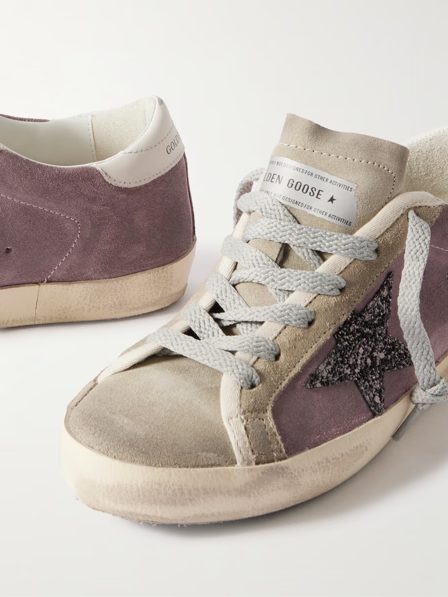 Super-Star leather-trimmed distressed glittered suede sneakers