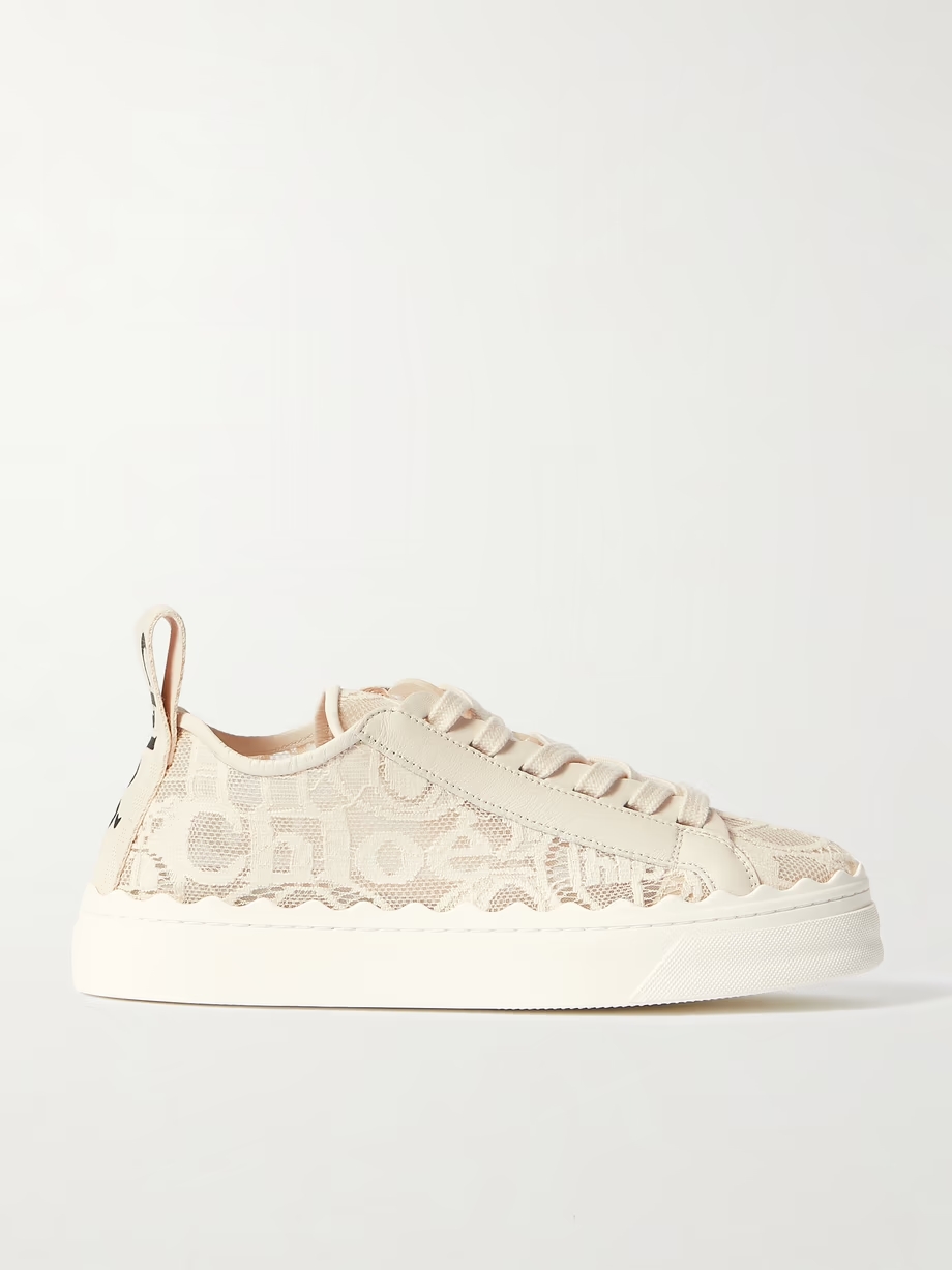 Lauren scalloped lace, leather and canvas sneakers