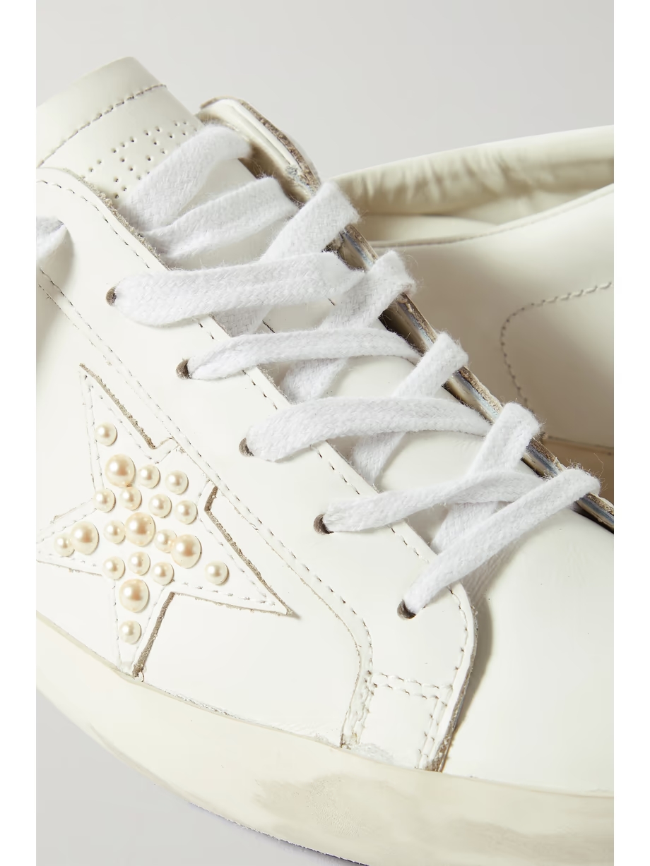 Superstar Sabotfaux pearl-embellished distressed leather slip-on sneakers