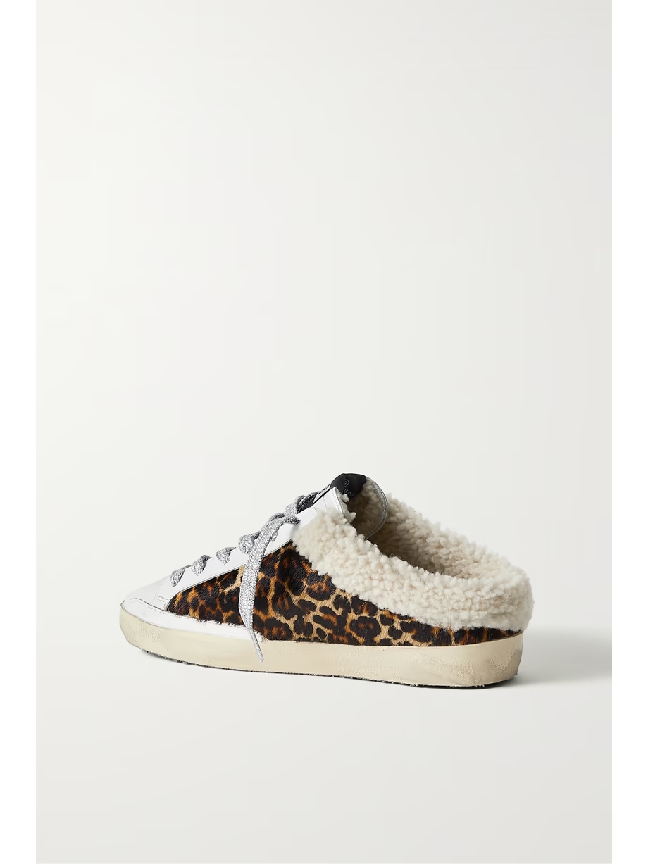 Superstar Sabot shearling-lined distressed leopard-print calf hair and leather slip-on sneakers