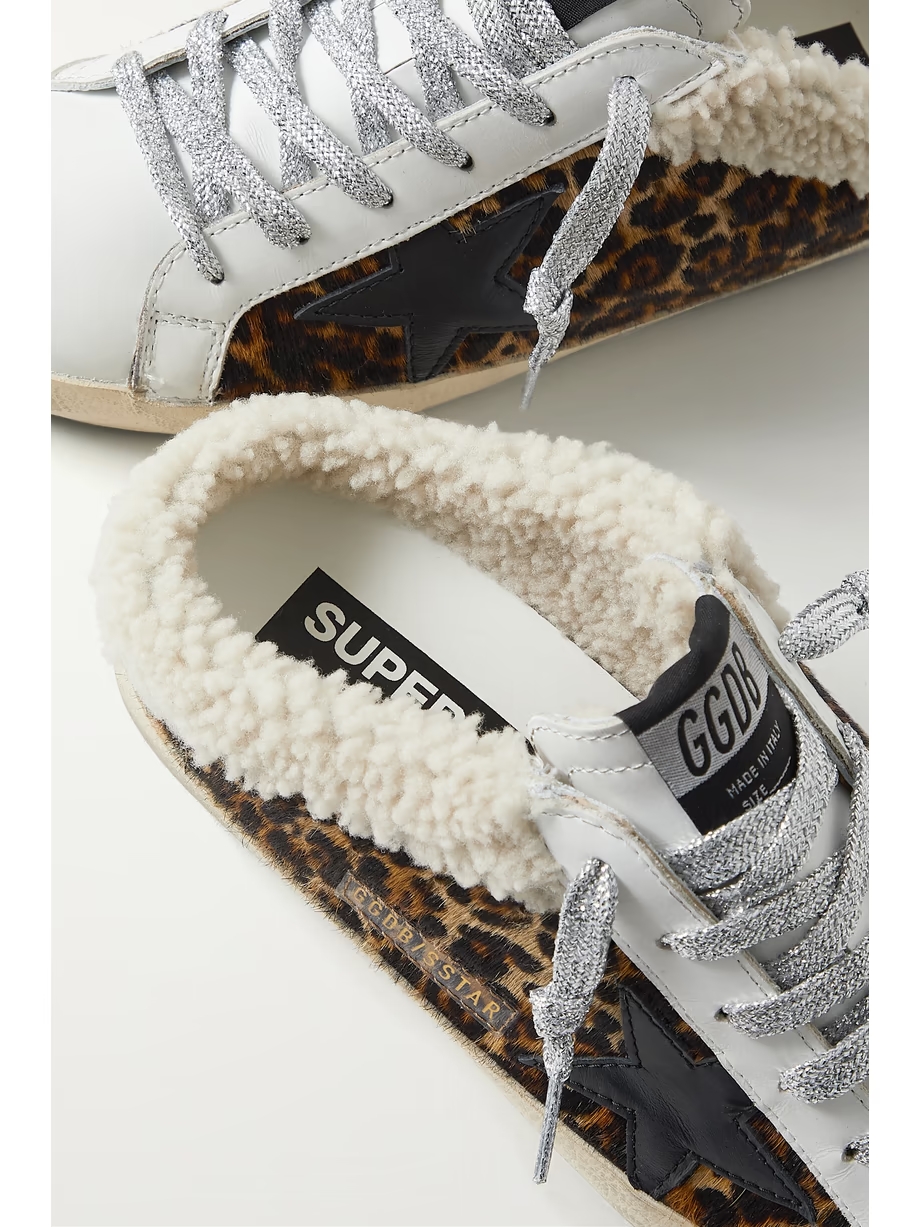 Superstar Sabot shearling-lined distressed leopard-print calf hair and leather slip-on sneakers