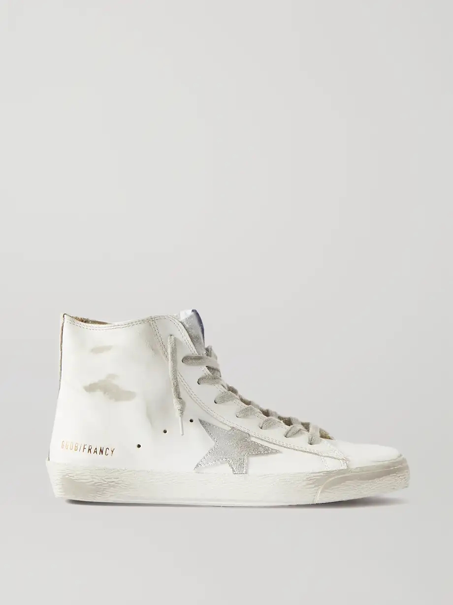 Francy glittered distressed leather and suede high-top sneakers