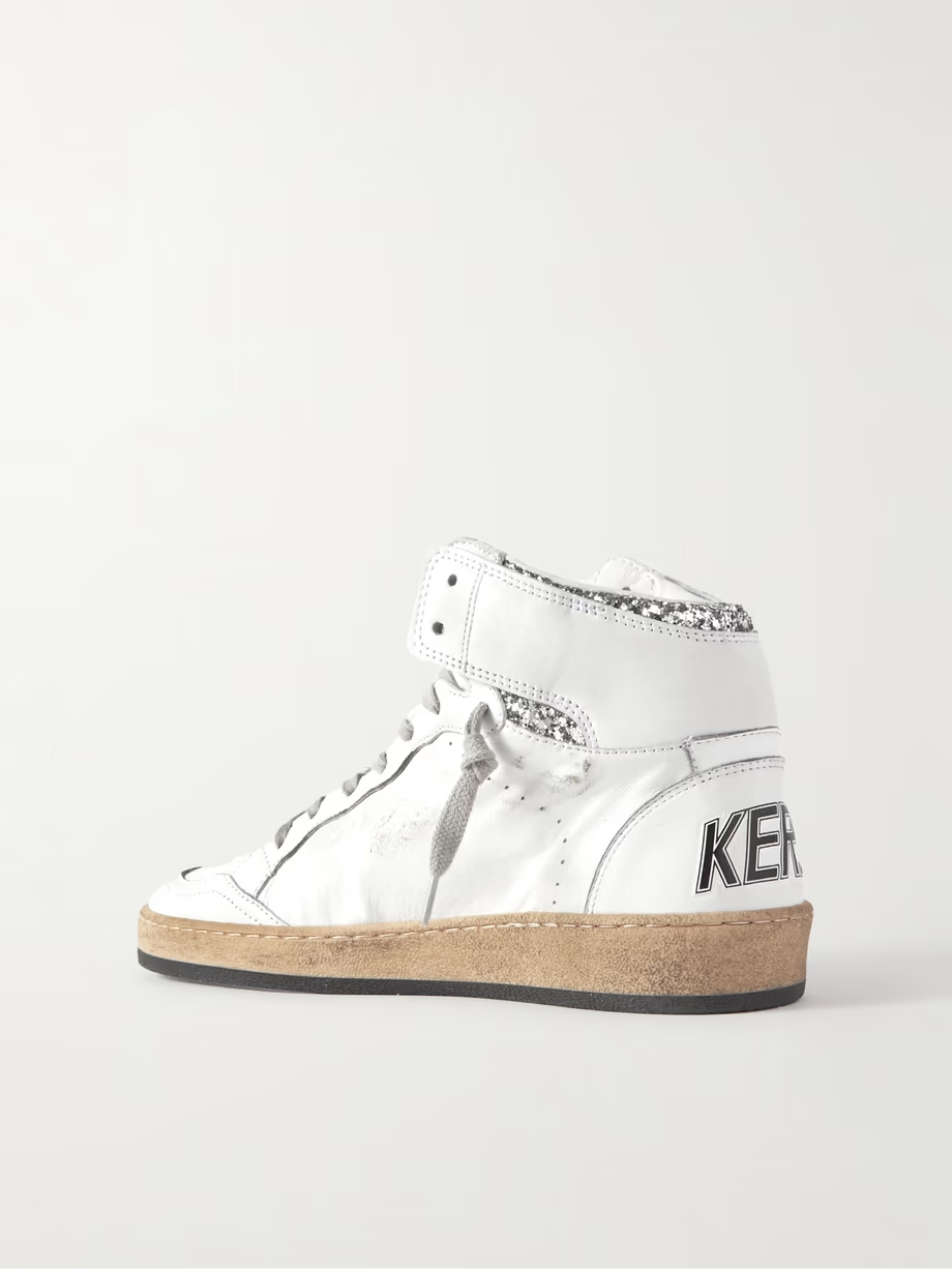 Sky-Star distressed glittered leather high-top sneakers