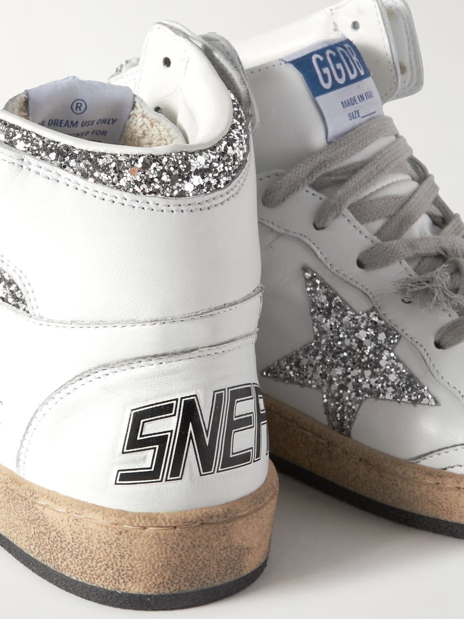 Sky-Star distressed glittered leather high-top sneakers