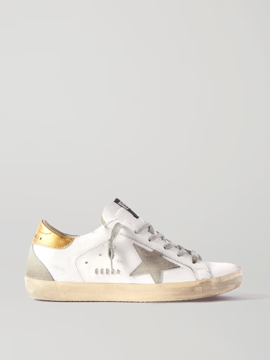 Superstar distressed leather and suede sneakers