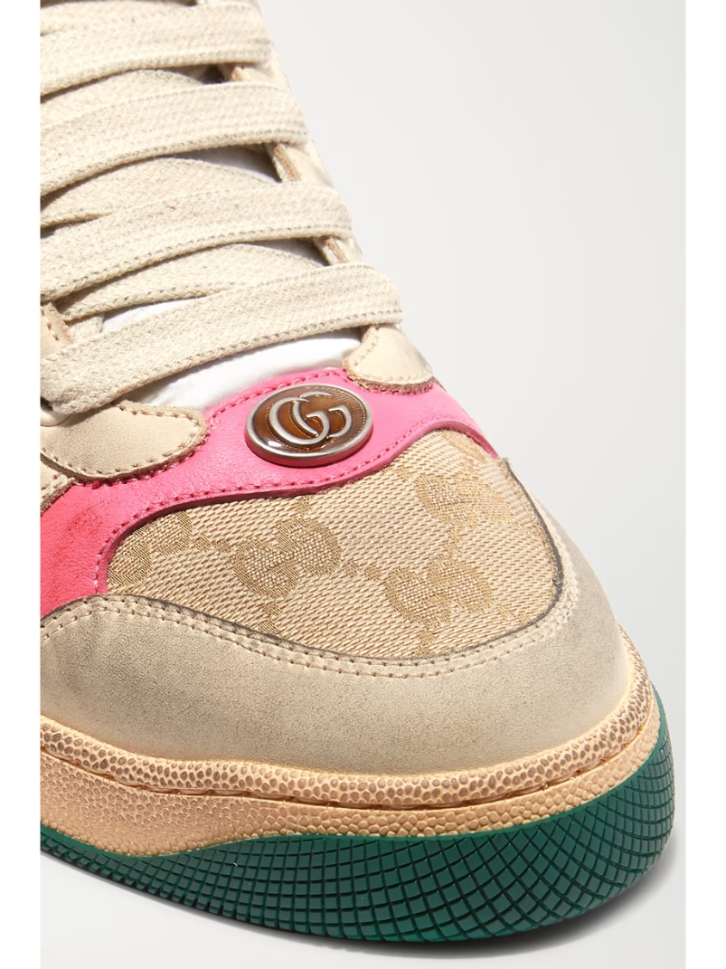 Screener logo-jacquard canvas and distressed leather sneakers