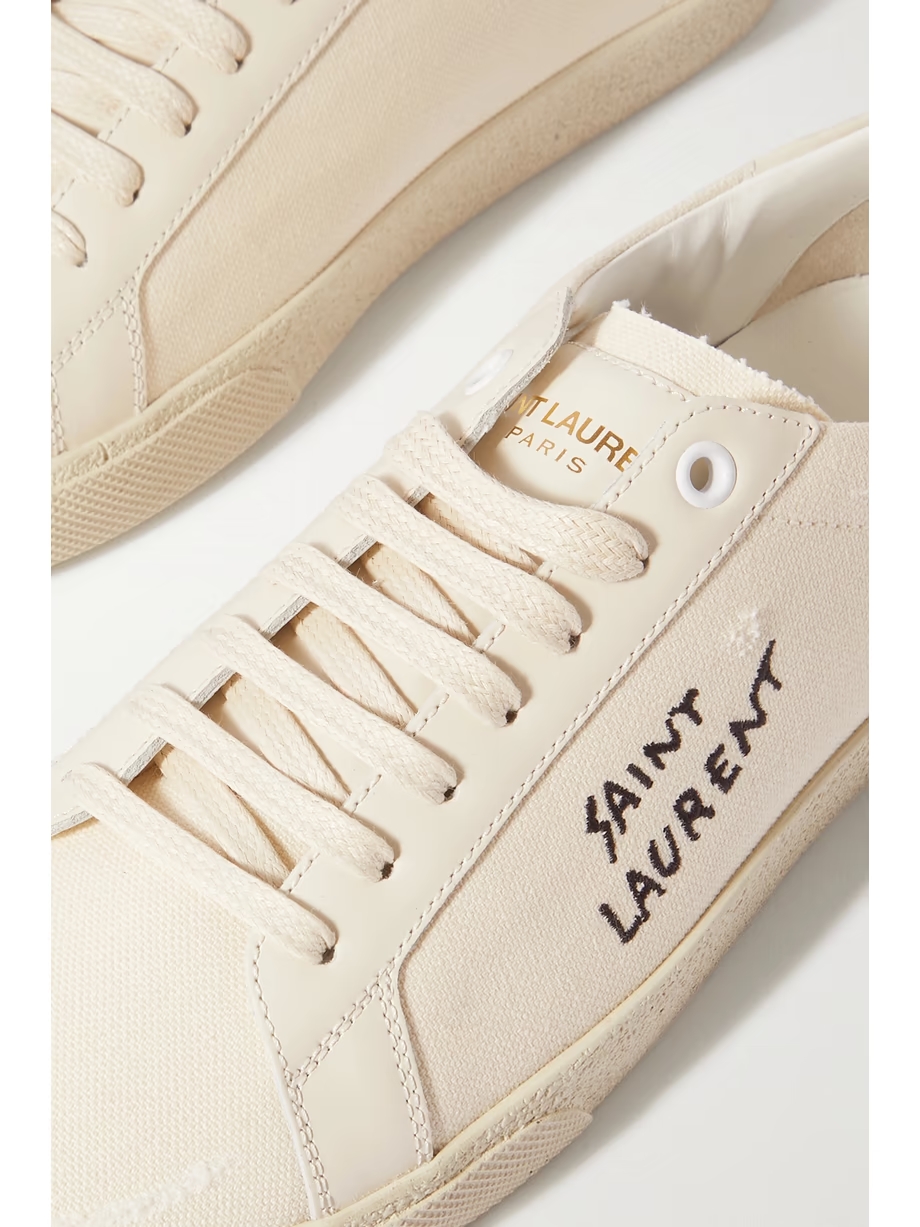 Court Classic distressed logo-embroidered canvas and leather sneakers