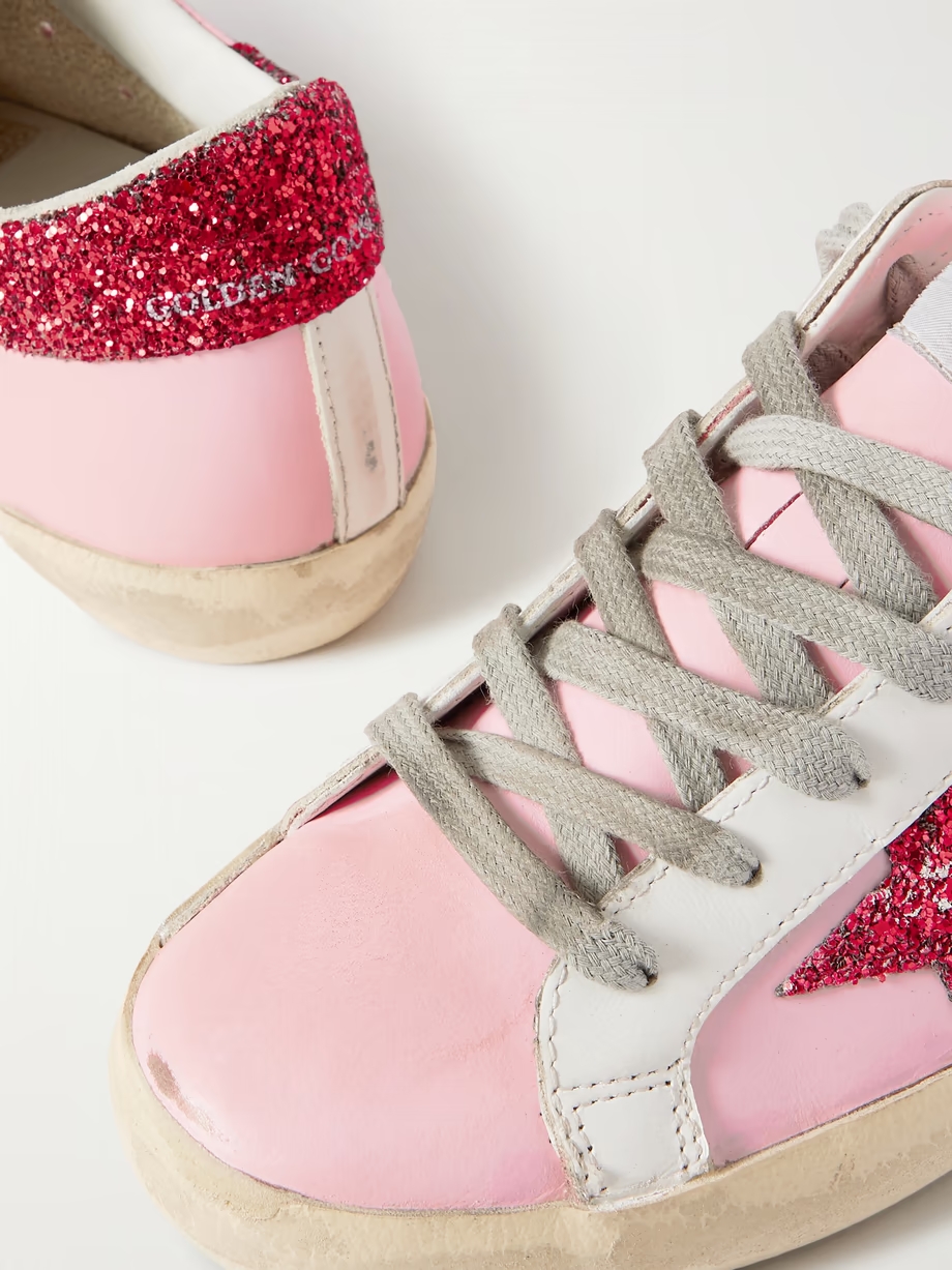 Superstar glittered distressed leather sneakers