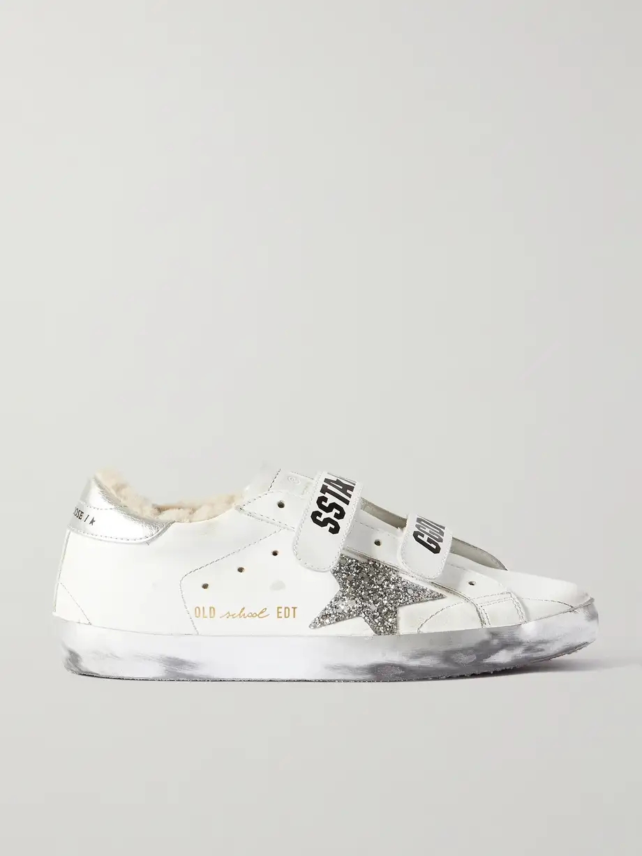 Old School shearling-lined distressed glittered leather sneakers