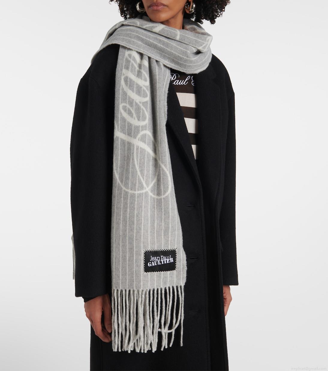 Jean Paul GaultierLogo pinstripe fringed wool scarf